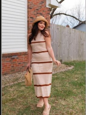 NEW Zesica Crochet Sleeveless Cream Maci Dress with Brown Stripes